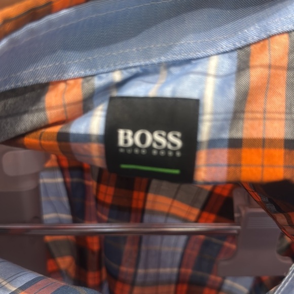HUGO BOSS Orange and Blue Plaid Regular Fit Stretch Casual Button Down Shirt L - Picture 4 of 7